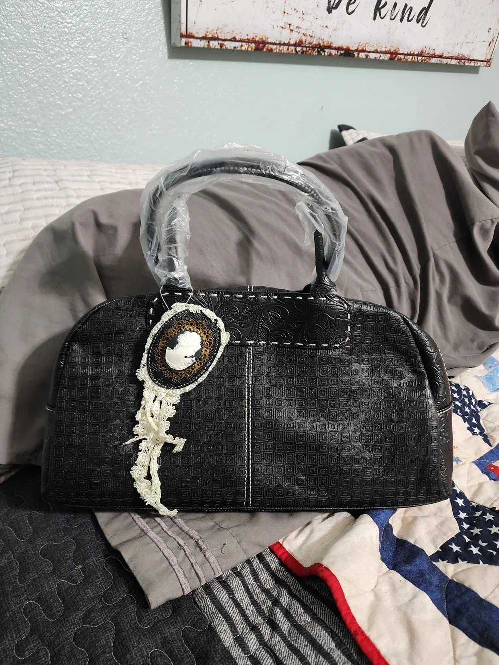 Black Embossed Dome Satchel with Cameo Lace Accent